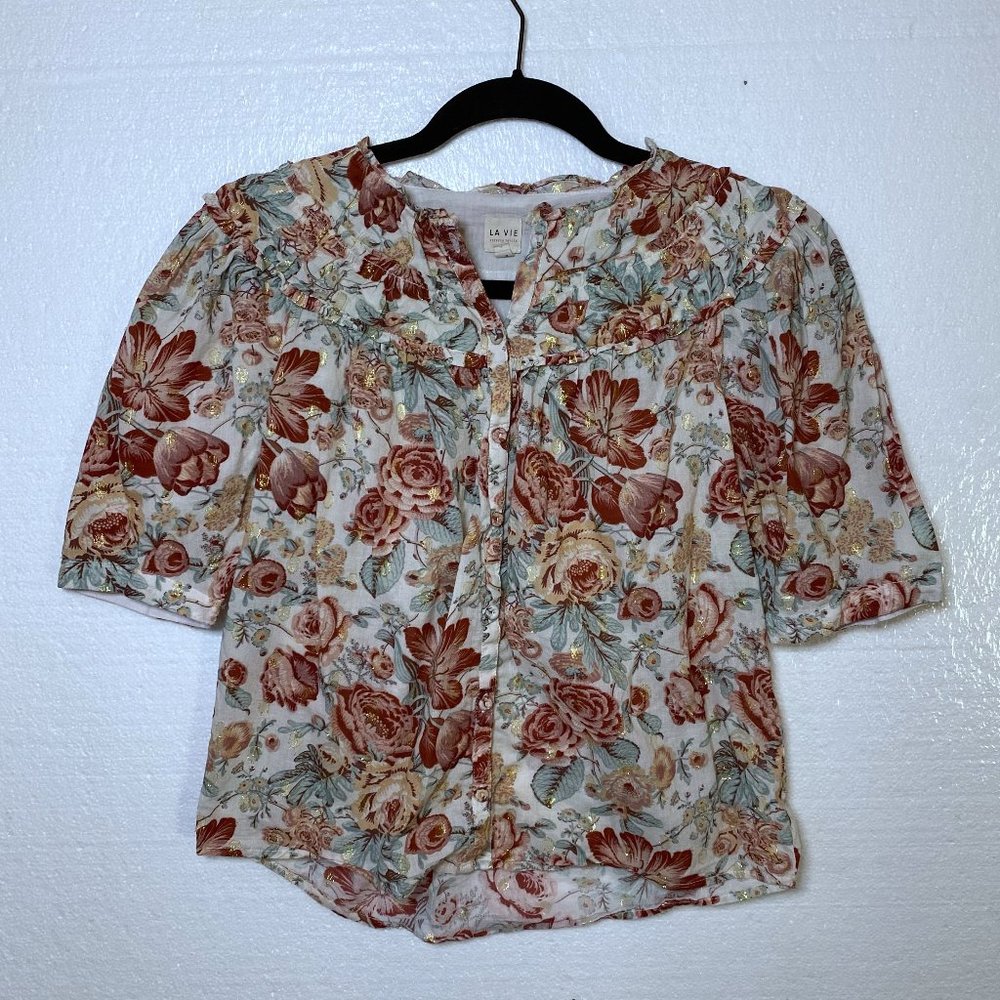 La Vie Rebecca Taylor Womens Size XS Floral Metallic Top Ruffle Pleated Button